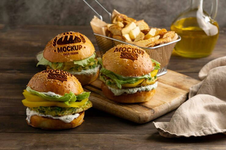 PSD maquette d'arrangement de délicieux hamburgers