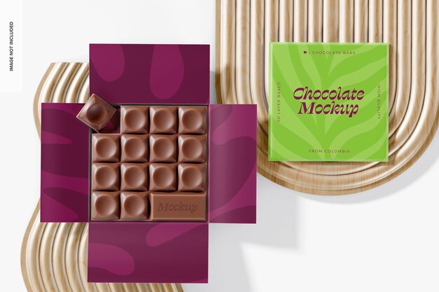PSD maquette de barres de chocolat carrées, vue de dessus