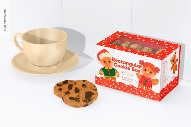 PSD maquette de boîte à biscuits rectangulaire, avec tasse