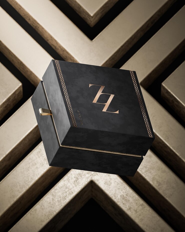PSD maquette de boîte-cadeau de bijoux en noir et or pour le rendu 3d de l'identité de la marque