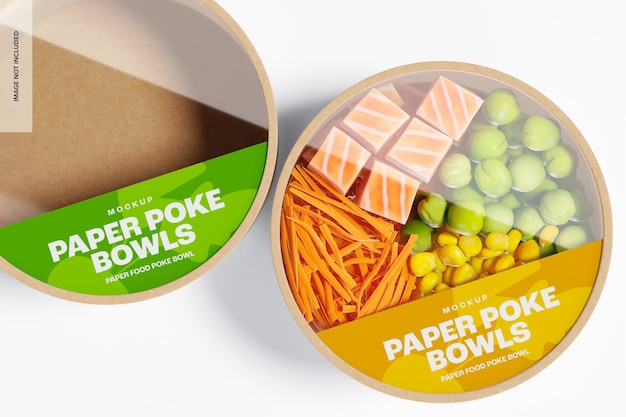 PSD maquette de bols de poke alimentaire en papier, vue de dessus