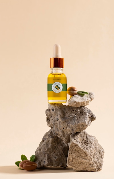 PSD maquette de bouteille cosmétique d'huile d'argan avec rock