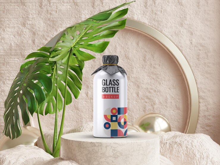 Maquette de bouteille en verre enveloppée de papier position différente avec une présentation premium de fond de podium
