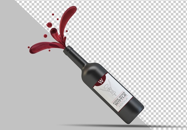 PSD maquette de bouteille de vin rouge avec des gouttes flottant isolé