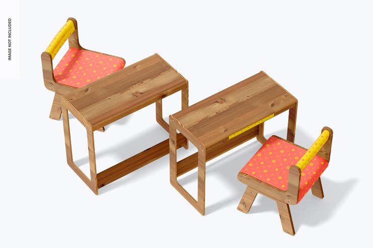 PSD maquette de bureau en bois pour enfants, vue de dessus