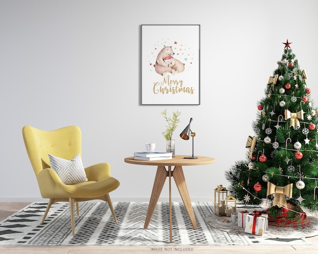 PSD maquette de cadre d'affiche avec arbre de noël sur table en bois