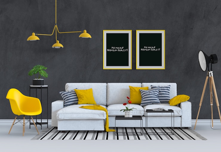 PSD maquette cadre affiche dans le salon intérieur et un canapé, rendu 3d