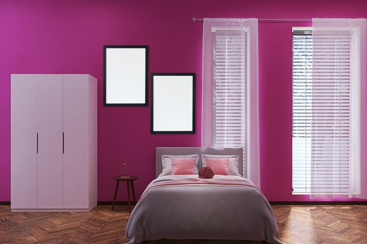 PSD maquette de cadre d'affiche dans la scène de design d'intérieur de chambre de fille moderne avec lit, fond de mur rose