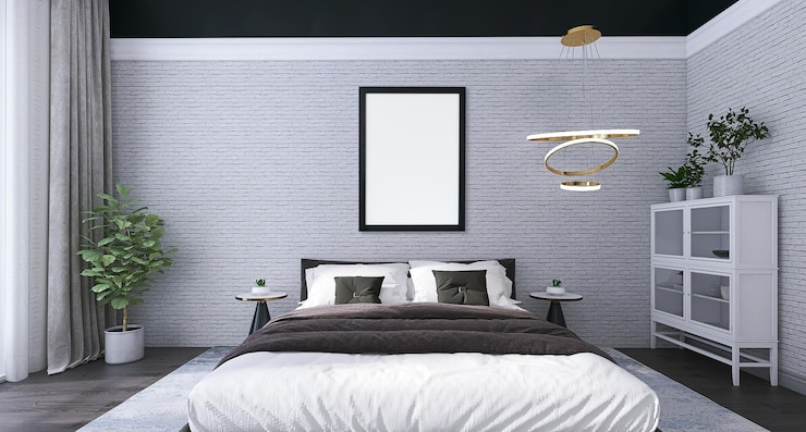 PSD maquette de cadre d'affiche vierge dans un design d'intérieur de chambre à coucher moderne avec des briques blanches légères d'anneau de lit