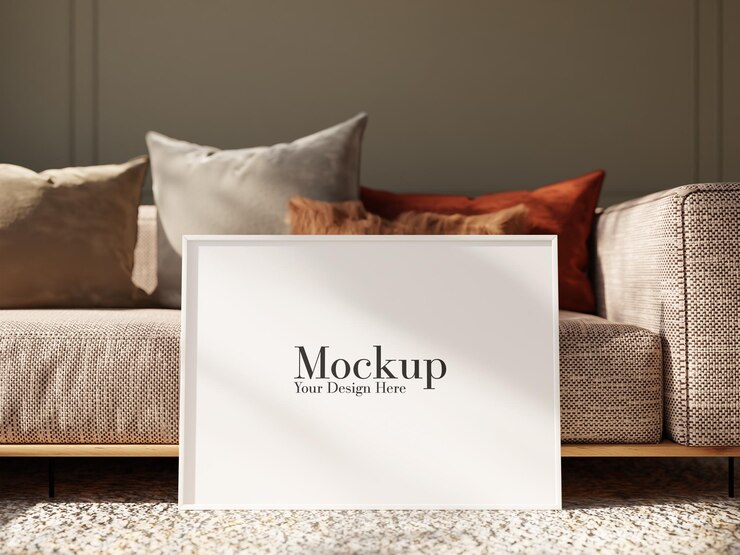 PSD une maquette de cadre chic avec une toile blanche sur un canapé confortable