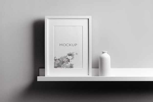 Maquette de cadre d'illustration de portrait sur une étagère blanche avec vase en céramique