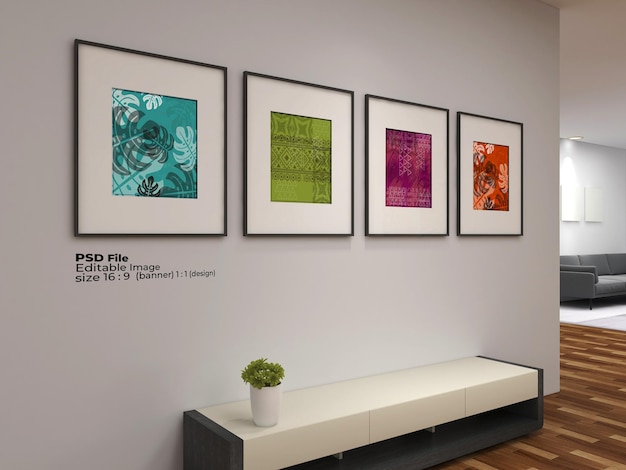 PSD maquette de cadre avec objet intelligent pour produit de décoration d'affiche photo intérieure à la maison