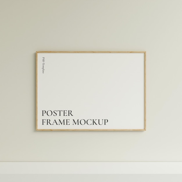 Maquette de cadre de photo ou d'affiche horizontale en bois vue de face propre et minimaliste accrochée au mur rendu 3d