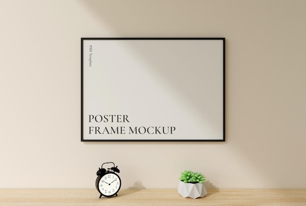 Maquette de cadre de photo ou d'affiche noire horizontale vue de face propre et minimaliste accrochée au mur avec rendu 3d de plante