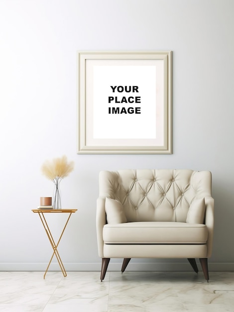 maquette d'un cadre photo sur un mur blanc vintage au-dessus d'un canapé minimaliste