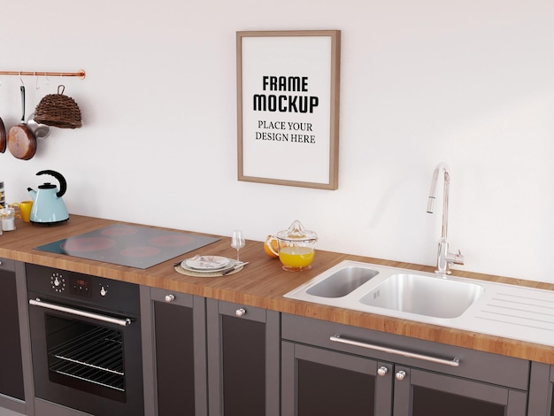 PSD maquette de cadre photo réaliste dans la cuisine moderne