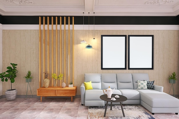 PSD maquette de cadre photo vide dans un design d'intérieur de salon minimal avec canapé, fond en bois