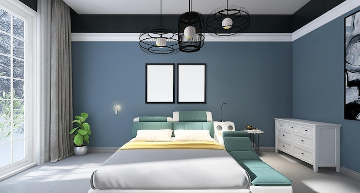 PSD maquette de cadre photo vierge dans un design d'intérieur de chambre à coucher moderne avec lit, fond gris
