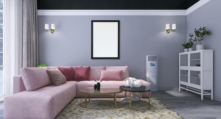 PSD maquette de cadre photo vierge dans un design d'intérieur de salon moderne avec table de canapé de climatiseur