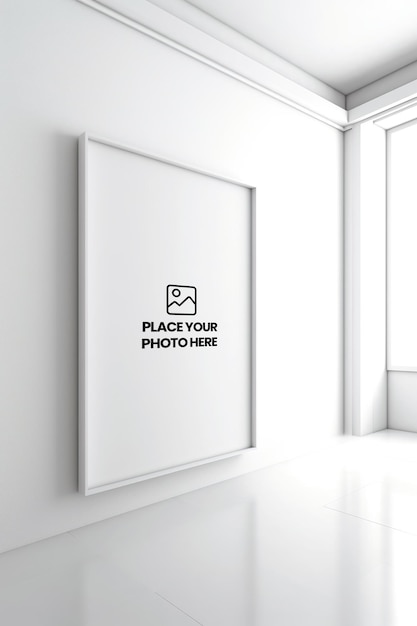 Maquette de cadre photo vierge propre et simple collée au mur blanc avec une esthétique moderne