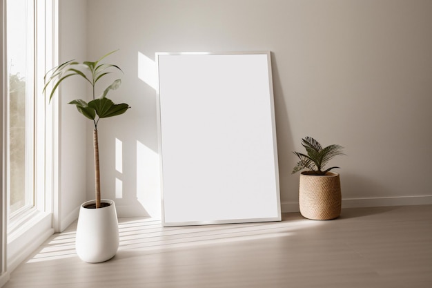 Maquette de cadre vertical dans un intérieur blanc minimaliste