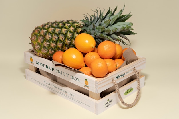 Maquette de caisse en bois avec assortiment de fruits exotiques