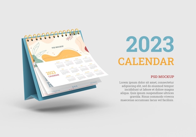 PSD maquette de calendrier de bureau en spirale flottant sur un fond neutre avec espace de copie pour le nouvel an 2023