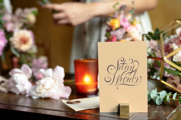 Maquette de carte par bouquet de fleurs sur une table en bois