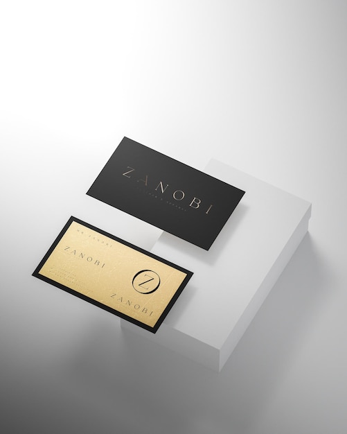 Maquette de carte de visite moderne de luxe noir et or isolée pour le rendu 3d de l'identité de la marque