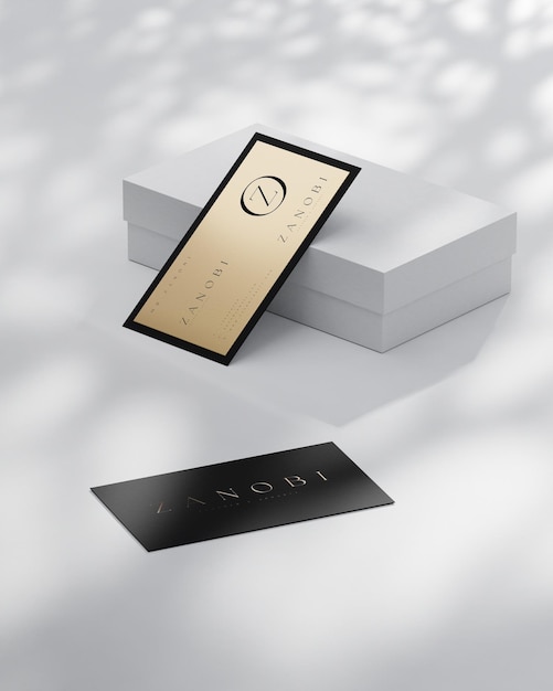 Maquette de carte de visite moderne de luxe noir et or pour le rendu 3d de la vue latérale de l'identité de la marque