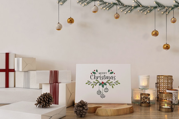 Maquette de carte de voeux joyeux Noël avec décoration de Noël et cadeaux