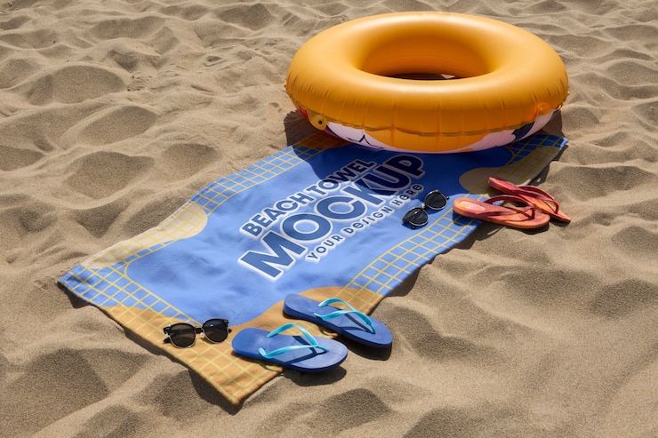 PSD maquette de conception d'une serviette de plage au bord de la mer