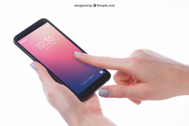 PSD maquette de doigt pointant sur un smartphone