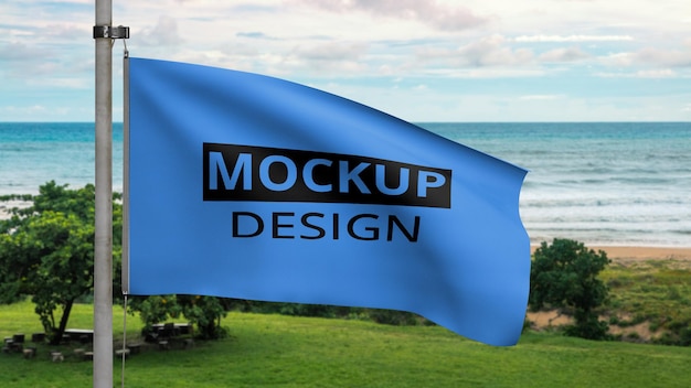Maquette de drapeau pour votre conception sur la côte avec plage de sable et île tropicale d'arbres