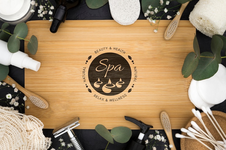 PSD maquette du centre de spa vue de dessus avec accessoires et feuilles