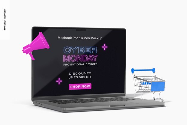 PSD maquette du cyber monday macbook pro 16 pouces, vue de gauche