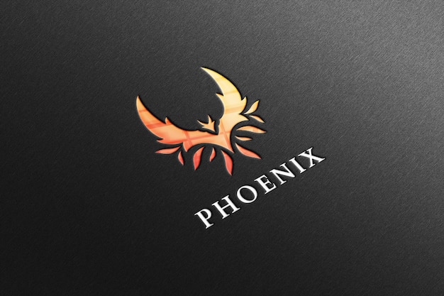 PSD maquette du logo phoenix en papier noir avec réflexion