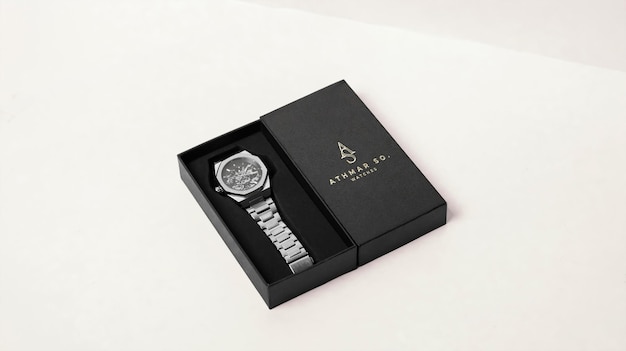PSD une maquette du logo psd d'une montre de boîte de luxe