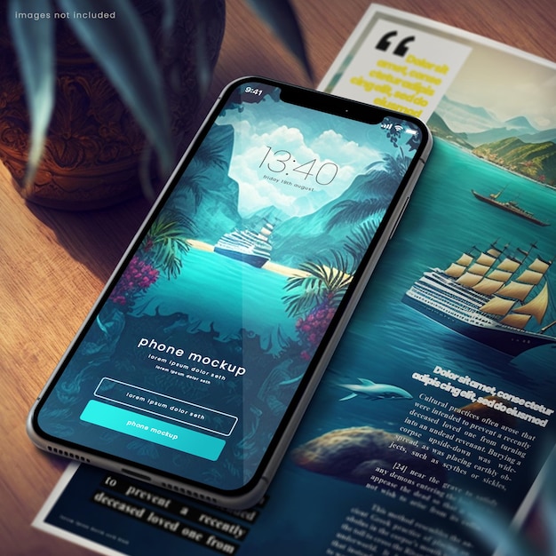 PSD maquette d'écran de téléphone d'un iphone 14 sur une table en bois avec une maquette de brochure en arrière-plan