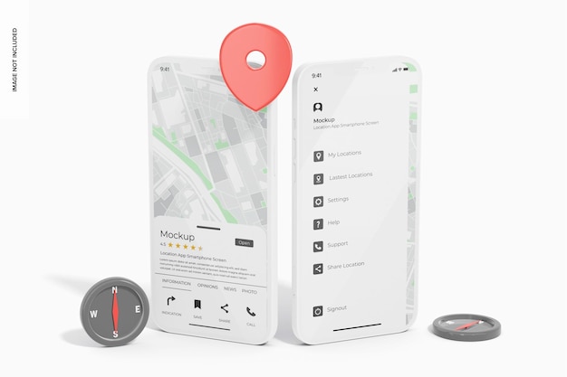 Maquette d'écrans de smartphone de l'application de localisation, vue droite et gauche