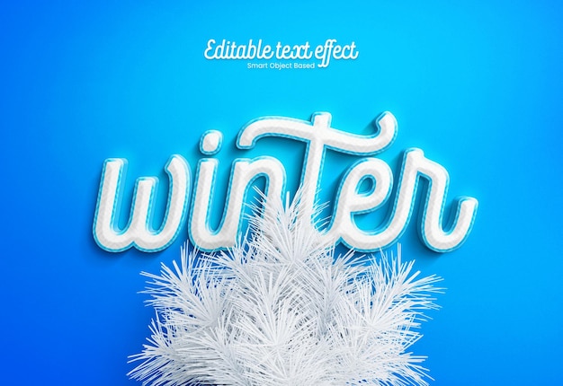 PSD maquette d'effet de texte 3d blanc d'hiver avec des feuilles de pin de noël