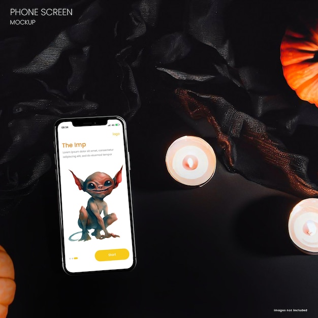 PSD maquette effrayante d'iphone 14 sur une table sombre avec des décorations d'halloween en arrière-plan