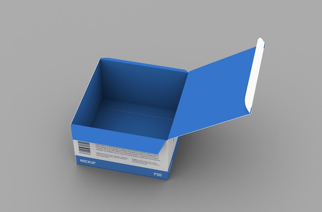 PSD maquette d'emballage de boîte de produit carrée ouverte pour la publicité de marque sur un fond propre