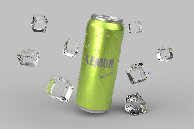 PSD maquette d'emballage de canette froide de soda au citron rendu 3d