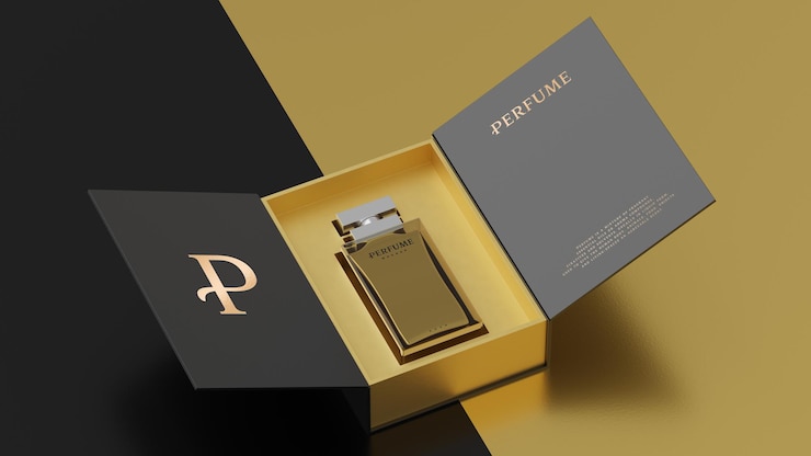PSD maquette d'emballage noir de bouteille de parfum jaune pour le rendu 3d de présentation d'identité de marque