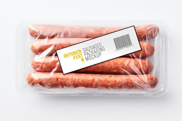 PSD maquette d'étiquette sur le paquet isolé de saucisse allemande sur fond blanc
