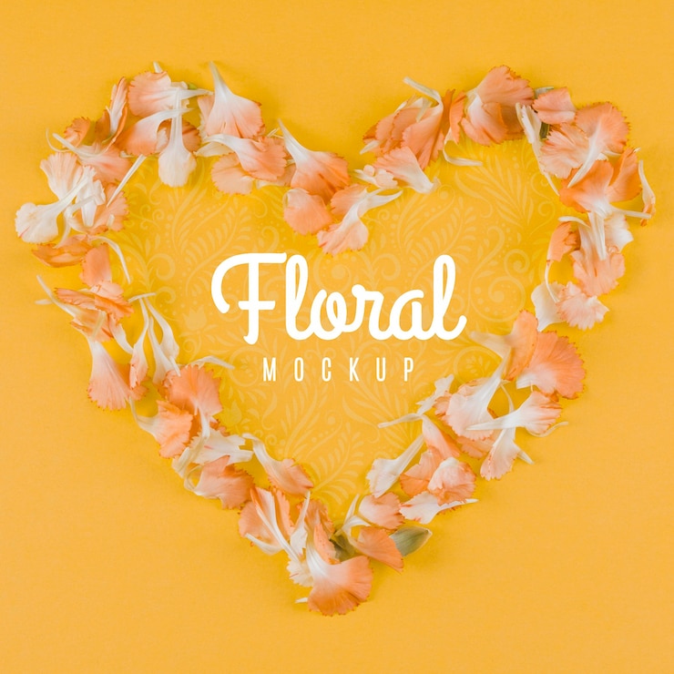 PSD maquette florale vue de dessus en forme de coeur