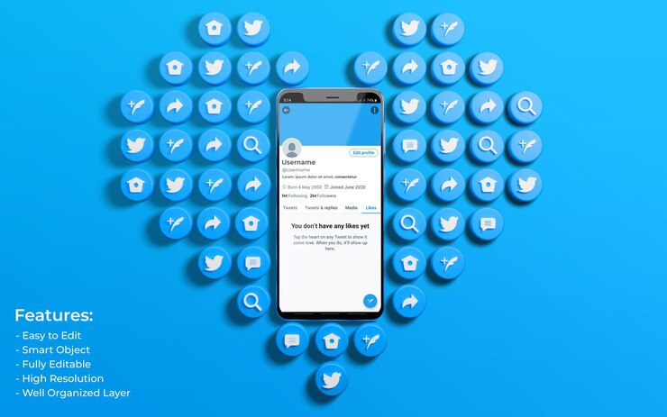 PSD maquette d'interface twitter entourée de 3d comme l'icône d'amour et de commentaire