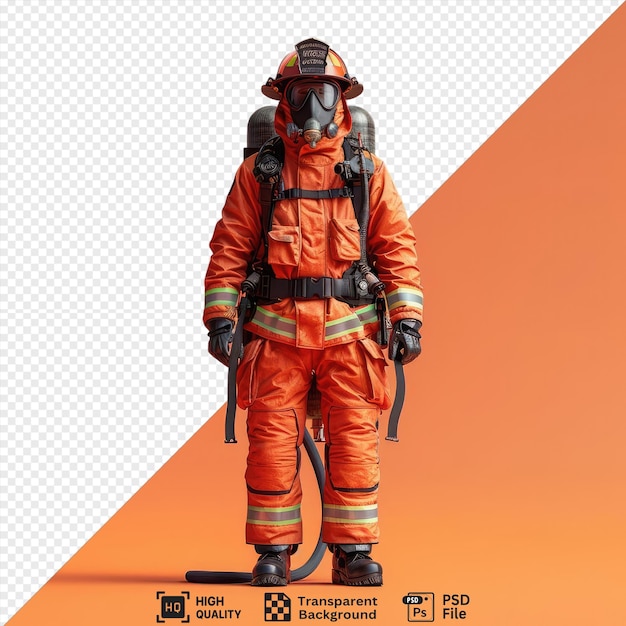 PSD maquette isolée d'un pompier portant une veste orange, un pantalon et un casque tenant un pistolet noir avec une sangle noire visible au premier plan et une ombre sombre projetée derrière lui png psd