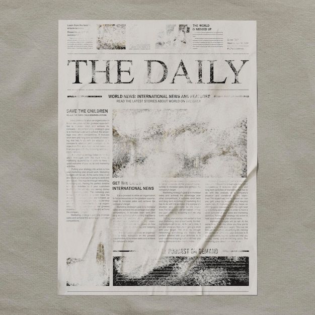 Une maquette de journal vintage collée à l'affiche sur le mur.